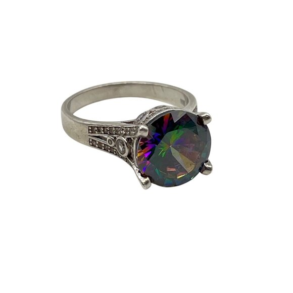 Sterling Silver Mystic Topaz Ring Sz 9 Rainbow 12mm Stone CZ Accents Art Deco - Picture 2 of 13
